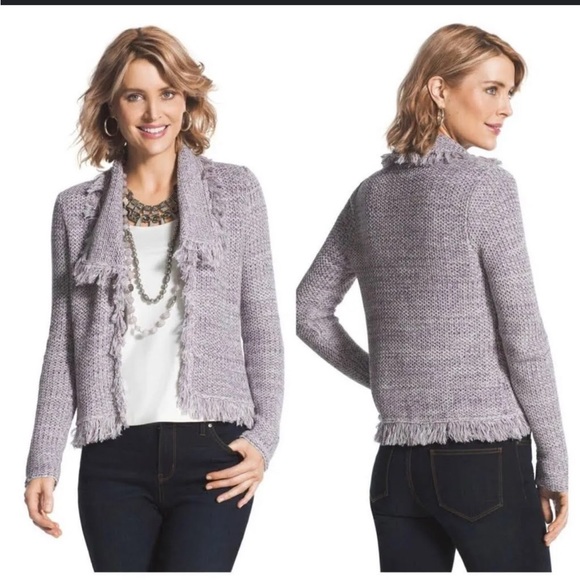 Chico's Sweaters - Chico’s Freida fringed open front cardigan in lilac and silver metallic thread